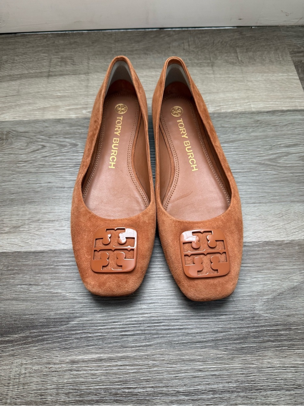 Tory Burch Suede Logo Ballet Flats in Cognac Brown